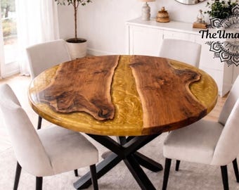 Metallic goud epoxy riviertafel | Ronde walnoten eettafel | Moderne luxe inrichting