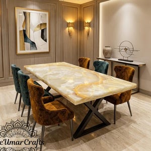 White Onyx Dining Table, Gold Tone Luxury Stone Slab, Rectangle Kitchen Furniture