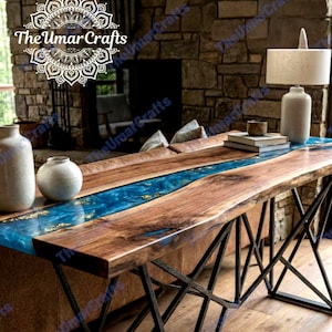 Oceanic Blue Resin River Walnut Sofa Table Bladgoud Inlay Live Edge Artisan Piece