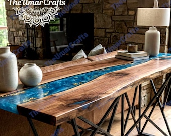 Oceanic Blue Resin River Walnut Sofa Table Gold Leaf Inlay Live Edge Artisan Piece