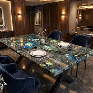 Può includere: Un tavolo da pranzo rettangolare con un piano in pietra di labradorite blu e oro lucidata dal motivo cristallino naturale, sostenuto da una base in metallo nero a forma di X, accompagnato da quattro sedie in velluto blu scuro con gambe nere.