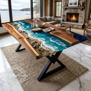 Ocean Wave Epoxy River Dining Table, Live Edge Resin Table, Beach Scene Coastal Furniture