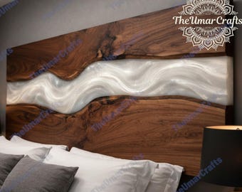 White Swirl Epoxy Resin River Solid Wood Headboard