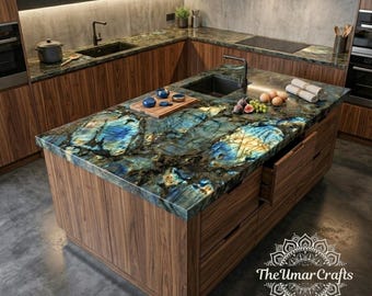 Labradorite Kitchen Island Countertop, Luxury Stone Kitchen Counter