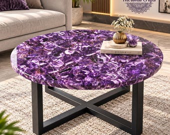 Mesa de centro de amatista hecha a mano, tablero de piedra de ágata púrpura, redonda, ideal para la decoración de la sala de estar.
