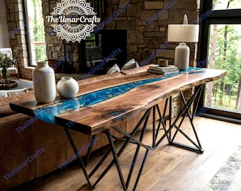 Oceanic Blue Resin River Walnut Sofa Table Gold Leaf Inlay Live Edge Artisan Piece