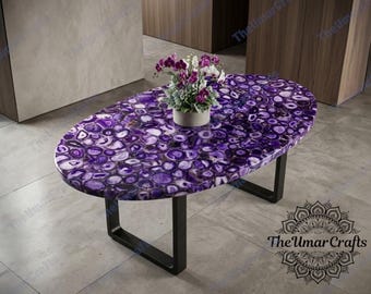 Mesa de centro ovalada de ágata púrpura, centro de mesa de lujo con piedras preciosas, losa de piedra hecha a mano, decoración moderna.