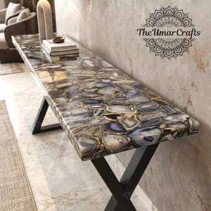 Black Agate Console Table | Luxury Gemstone Entryway Table | Dark Stone Console | Handmade Agate Furniture | Modern Hallway Table