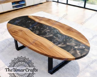 Oval Acacia Wood Black Epoxy River Coffee Table, Live Edge Resin Furniture, Modern Decor