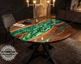 Custom Green Resin Dining Table, Live Edge Wood River Table, Handmade Luxury Furniture