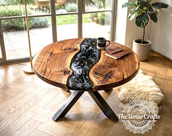 Round Black Epoxy River Coffee Table | Live Edge Walnut Statement Furniture For Living Room