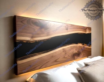 Epoxy River Wall Art Panel, Live Edge Wood Headboard, Black Resin Wall Decor, Modern Rustic Bedroom Art