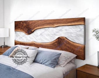 Modern Live Edge Headboard, White Resin River Wood Headboard, Handmade Walnut Bedroom Decor