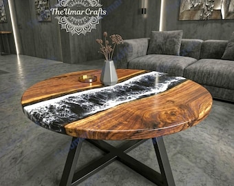 Handmade Black Resin Ocean Wave Live Edge Coffee Table, Round Wood Dining Furniture