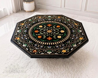 Handgefertigter achteckiger Esstisch mit Steineinlegearbeiten, florale Mosaikplatte (nur Tischplatte)