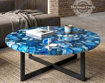 Luxury Blue Agate Coffee Table | Natural Gemstone Living Room Furniture