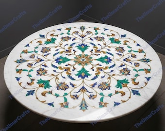 Handcrafted Marble Inlay Table Top: Floral Pietra-Dura Design