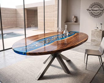Mesa de comedor ovalada de resina epoxi azul con diseño de río, mesa de madera de nogal con borde natural, muebles modernos hechos a mano.
