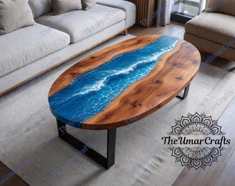 Mesa de centro ovalada de madera maciza con diseño de olas oceánicas azules / estilo costero para la decoración del hogar.