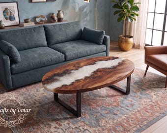 Oval White Epoxy River Coffee Table, Modern Live Edge Wood Furniture