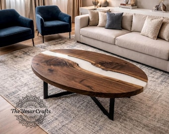 Luminous White Pearl Resin River Oval Walnut Coffee Table Custom Handcrafted Modern Home Decor