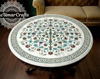 Tampo de mesa redondo com incrustações de mármore, design floral verde em pietra dura, decoração de mesa de centro feita à mão.
