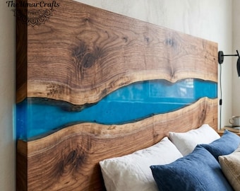 Cabecero de resina epoxi con borde natural, cabecero de madera Blue River, cabecero de cama de madera maciza hecho a mano.