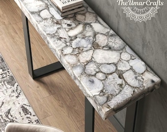 White Agate Console Table | Genuine Stone Entryway Furniture, Black Metal Base
