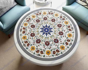 Mesa de centro redonda de luxo com tampo em mármore incrustado, mesa de centro artesanal em pietra dura com motivos florais.