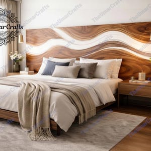 Op de afbeelding: Een slaapkamer met een houten bedframe en een groot hoofdbord met een golfpatroon. Het hoofdbord is gemaakt van hout en wit materiaal. Het bed is opgemaakt met wit beddengoed, kussens en een beige sprei. De tekst "The Umar Crafts" staat in de linkerbovenhoek.