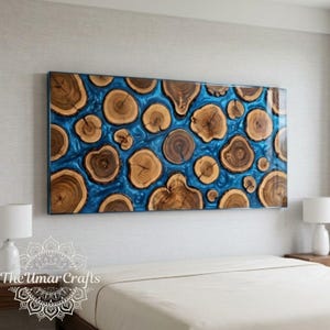 Blue Epoxy Resin Wall Art | Wood Slice Headboard | Live Edge Log Resin Deco