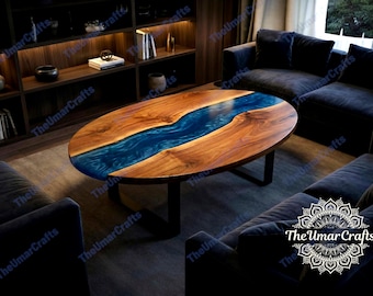 Blue Epoxy River Coffee Table – Oval Live Edge Wood, Mid Century Modern Statement Table
