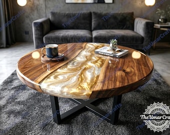 Custom Walnut Coffee Table with Gold Resin River – Live Edge Design