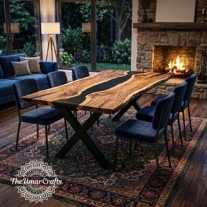 Black Resin River Walnut eettafel, Live Edge keukenmeubels