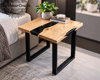 Black Epoxy Nightstand, Wood Bedside Table, Live Edge Resin Side Table