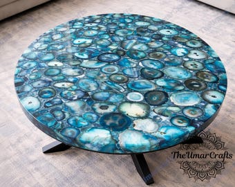 Round Blue Agate Coffee Table – Natural Stone Slice Furniture, High-Gloss Finish