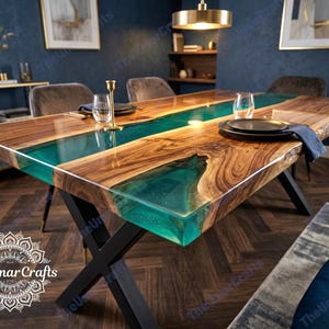 Rectangular Green Epoxy River Dining Table, Live Edge Solid Wood Kitchen Furniture, Handmade Resin Table, Modern Luxury Dining Room Decor