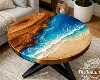 Shoreline epoxy kunsthars salontafel | Ronde houten tafel oceaangolf | Huisdecoratie kust