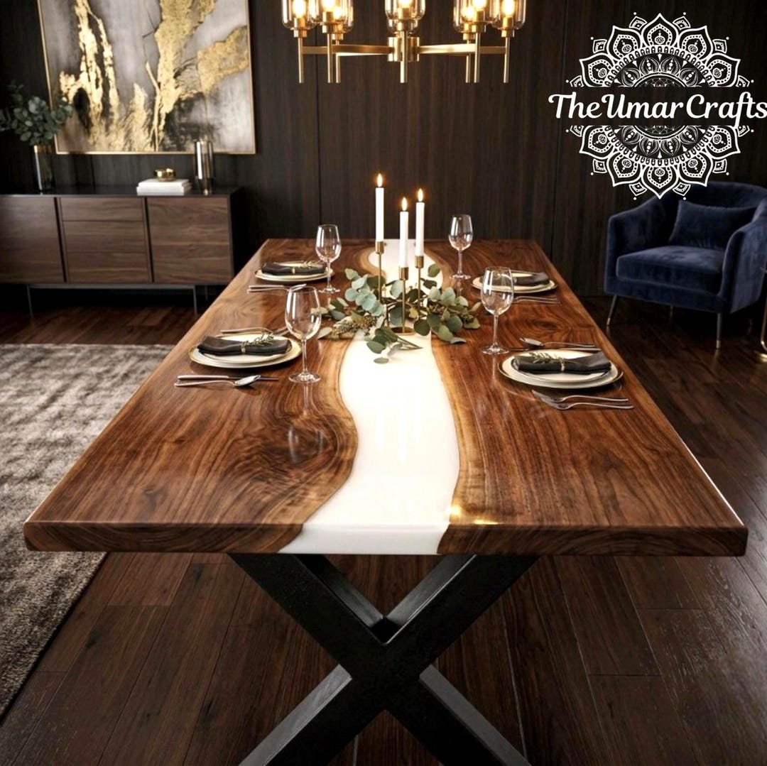 Live Edge Walnut Dining Table – White Epoxy River, Handmade Solid Wood ...