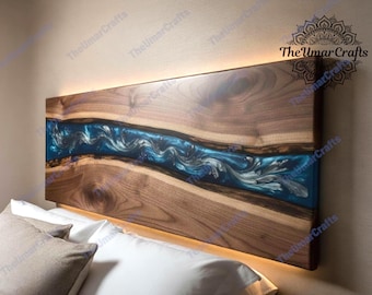 Ocean Blue Resin Epoxy River Headboard, Live Edge Wood Wall Decor, Backlit Wooden Art