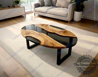 Ovale houten epoxy riviertafel met levende rand | Salontafel van zwarte hars, rustiek modern meubilair