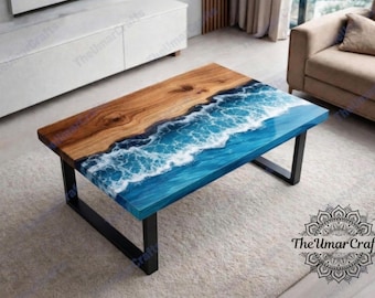 Tavolino da caffè artigianale con onde oceaniche e fluviali in resina esotica