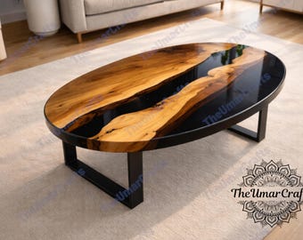 Oval Epoxy River Coffee Table | Black Resin Live Edge Handmade Decor