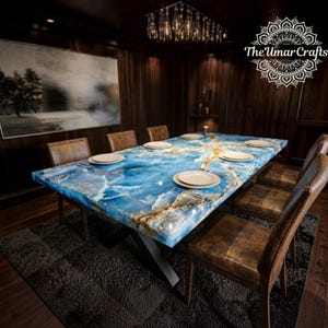 May include: A rectangular dining table with a polished blue and gold veined stone surface, supported by a black metal base. The table is set with white plates and is surrounded by six brown leather chairs in a dark wood-paneled room.