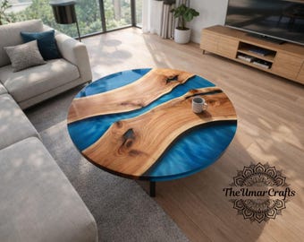 Mesa de centro redonda de resina azul, diseño River de madera maciza de nogal, muebles artesanales con borde natural.