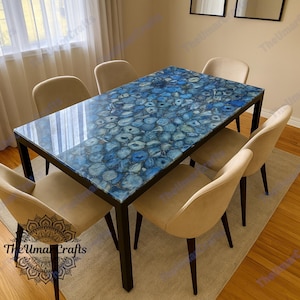 Blue Agate Dining Table, Rectangular Gemstone Slab Top, Luxury Handmade Furniture Piece