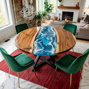 Round Ocean Resin Dining Table, Blue Wave Wood Furniture, Artisan Handcrafted Piece