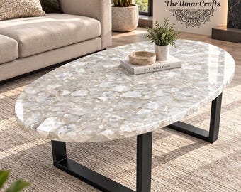 Luxury White Quartz Coffee Table, Oval Gemstone Center Table, Modern Living Room Decor