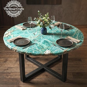 Amazonite Round Table, Luxury Stone Top Dining Table, Green Marble Look Statement Table