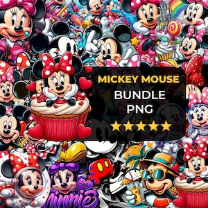 Peut inclure: Un collage d'art numérique vibrant mettant en vedette les personnages de Mickey et Minnie Mouse dans diverses poses et styles. L'image comprend le texte "Mickey Mouse Bundle PNG" avec un graphique d'évaluation cinq étoiles. La palette de couleurs globale est vive et ludique.